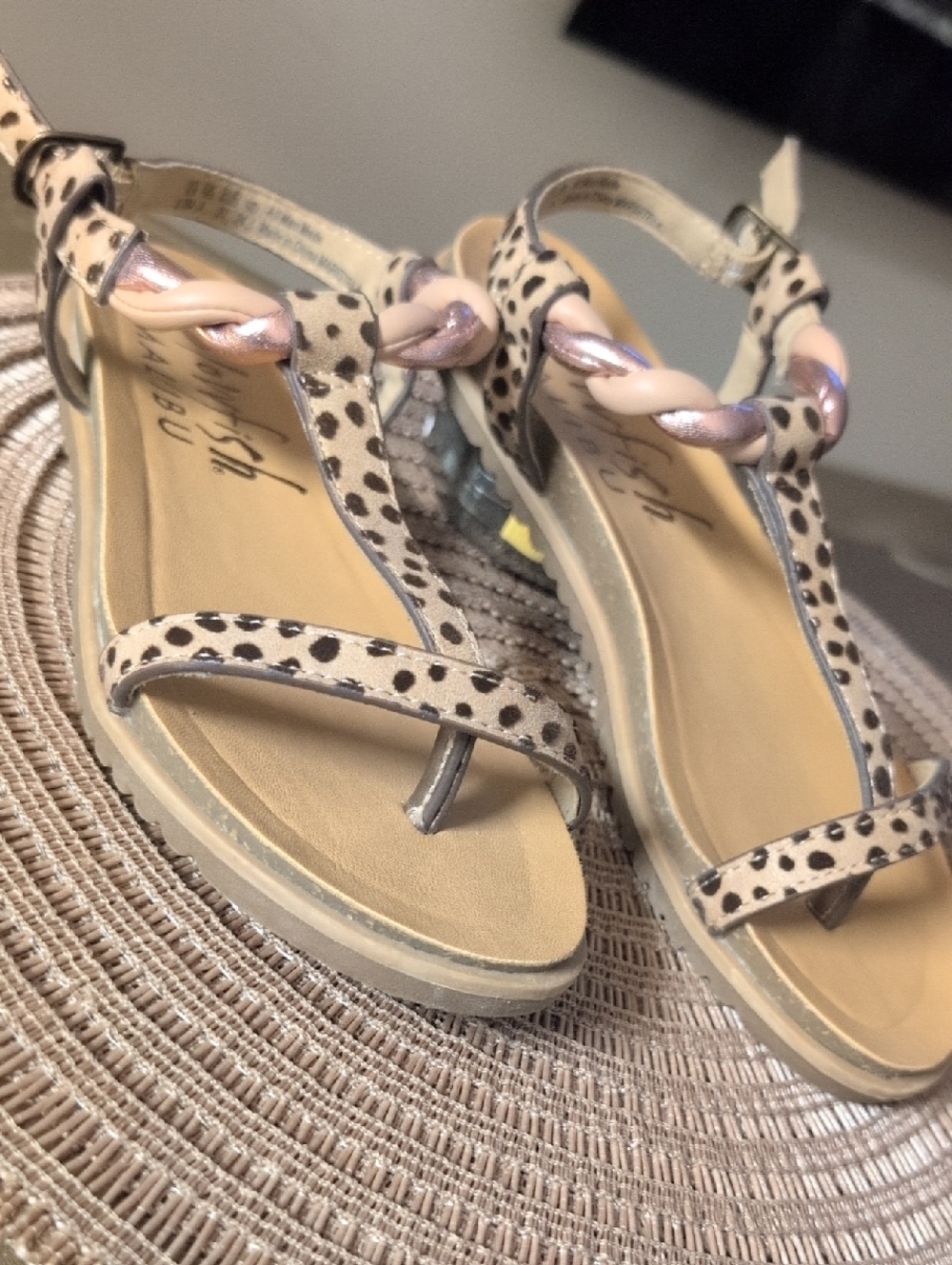Blowfish Leopard Print Braided T-Strap Sandals - Beige/Pink Accent